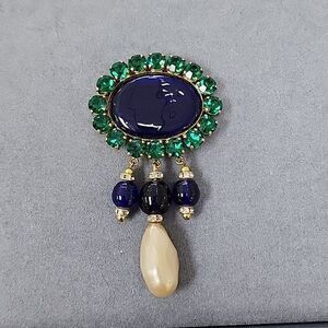YSL Vintage Glass Sapphire Emerald Pearl Rhinestone Runway Sample Brooch Pin